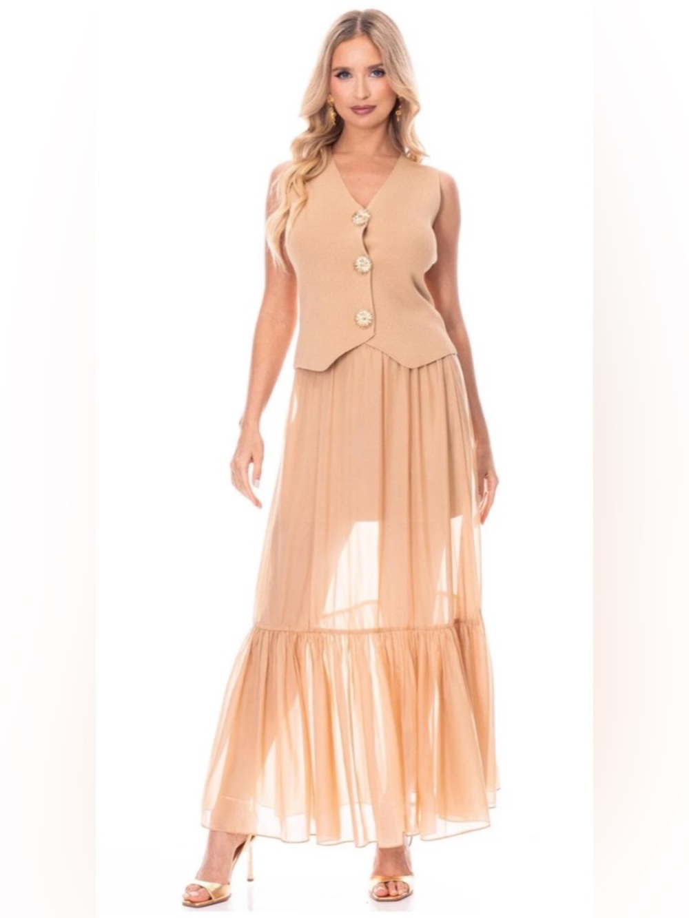 Sleeveless Beige Maxi Skirt Set with Sheer Tiered Skirt ✨